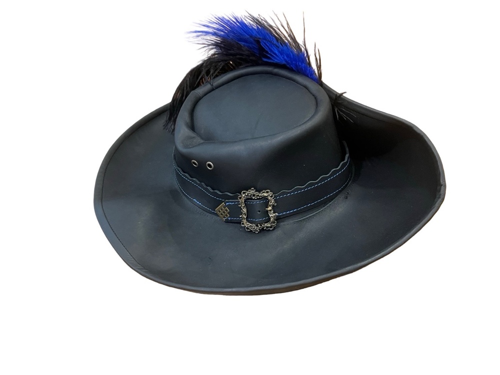 Black Leather Western Hat Wide Brim Feather Blue Gold Buckle Festival